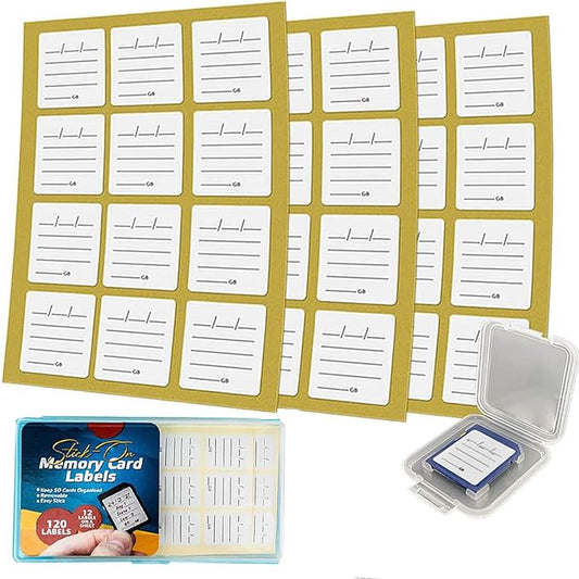 (120 Count) SD Card Labels Flash Drive Labels Stickers with 6 Free SD Card Cases & Container Multi-use Writable & Removable Stick-On Camera Memory Card Labels