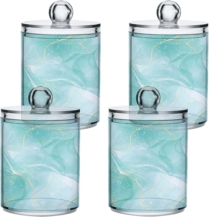 2 Pack Qtip Holder Dispenser Turquoise Marble Bathroom Storage Canister Lid 10 oz Acrylic Plastic Apothecary Jar Set Vanity Makeup Organizer for Cotton Swab/Ball/Round Pads, Floss