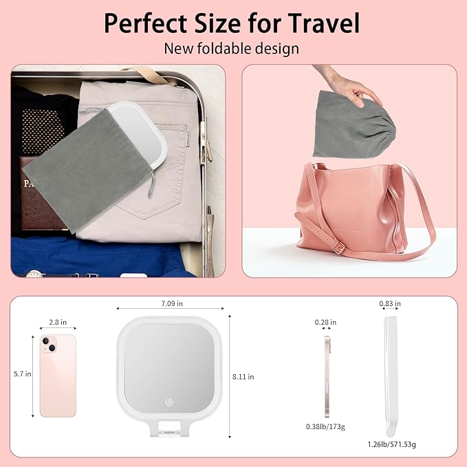 DESCHEN Travel Makeup Mirror with Lights, Rechargeable 1X/10X Magnifying Vanity Mirror, 7" Portable Lighted Makeup Mirror with Magnification & 3 Color Light, Dimmable Touch Screen, Folding LED Mirror