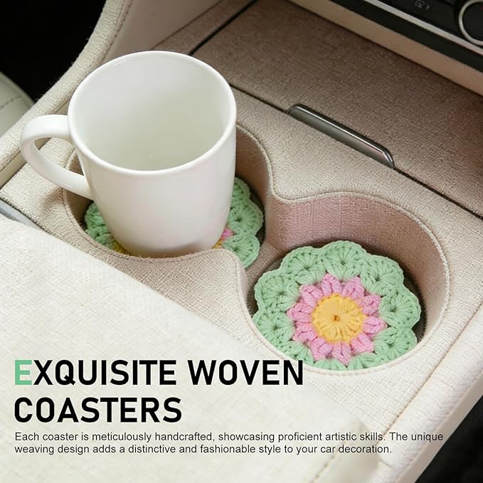 2 PCS Car Flower Coasters, Handmade Crochet Cotton Floral Insert Pad, Non-Slip Absorbent Insulated Placemat, Universal Boho Cute Decor Interior Accessory for Women Girls (Green)