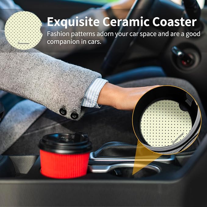 Cute Fashion Polka Dot Car Coasters 2 Pack for Cup Holders, 2.56 Inch Finger Notch Retro 70's Style Ceramics Heat Resistant Anti Slip Cork Base Car Drinks Coasters Auto Accessories-Yellow
