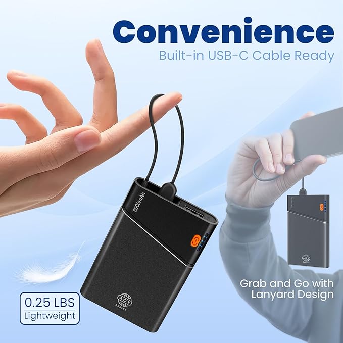 Aaoyun Mini Portable Power Bank, Smallest 5000mAh Portable Charger with Built-in USB C in&Out Fast Charging Cable, Compact Super Slim Mini Battery Pack for iPhone 17/16/15/14 Samsung S24 Android