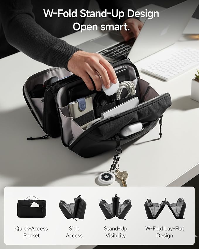 LUGGEX Large Tech Pouch, Cable Organizer Bag with Removable Crossbody Strap, Dual Accessories Bag & Water Resistant for Kindle, Chargers, Cord, Earphone for Travel Office All-in-One, Black