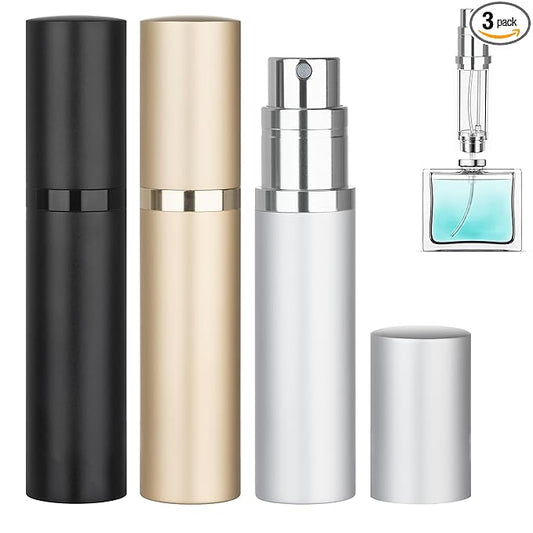 Refillable Perfume Atomizer Travel Bottle 3-Pack 5ml Leakproof Luxury Travel Perfume Refillable Bottle, Portable Fragrance Atomiser (Black & Gold & Silver)