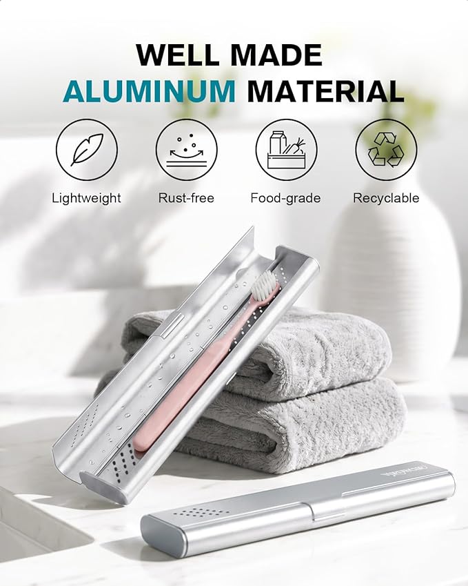 Toothbrush Case Cover for Traveling, Aluminum Toothbrush Holder for Manual Toothbrush + Mini Toothpaste, Portable Tooth Brush Storage Box for Camping Business Trip-Silver (1 Pack)