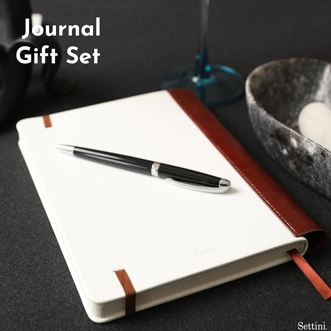 SETTINI® Lined Journal - Modern White Journal for Writing Gift Set - Hardcover Vegan Leather, Includes Luxury Pen in a Unique Pen Holder, 192 Pages, 6 x 8.5 inches, Fathers Day Gift