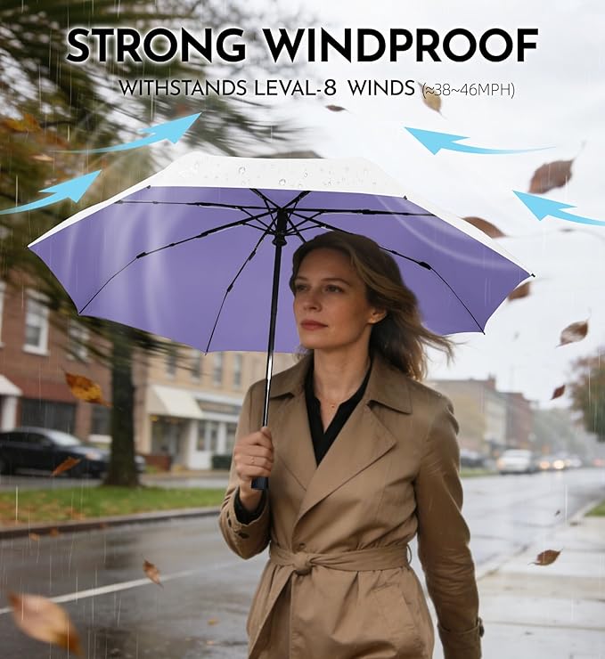 Windproof Travel Umbrella for Rain - 43" Compact Folding Umbrella, Reinforced Strong Frame, Lightweight Portable Parasol with UPF 100+ UV Sun Protection, Cruise Ship Essentials