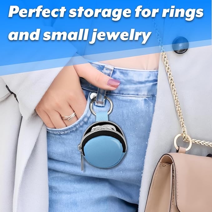 Homakover Portable Ring Organizer Case with Keychain, Traveling Ring Holder Storage Bag, Anti-Lost Keychain Container for Smart Rings, Jewelry (2, Light Blue)