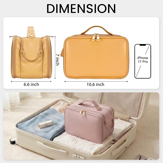 Travel Makeup Bag Women's Large Capacity Cosmetic Portable Organizer Large Opening Waterproof Storage Toiletry Bags Vertical Free-Standing Brush Holder for Easy Access Orange