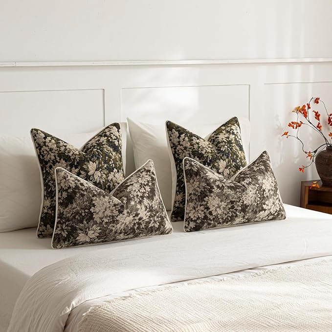 DEZENE Pack of 2 Vintage Floral Throw Pillow Covers 18x18 Boho Farmhouse Accents Chenille Square Decorative Pillow Cases for Living Room Couch Bed Home Decor, Olive Green
