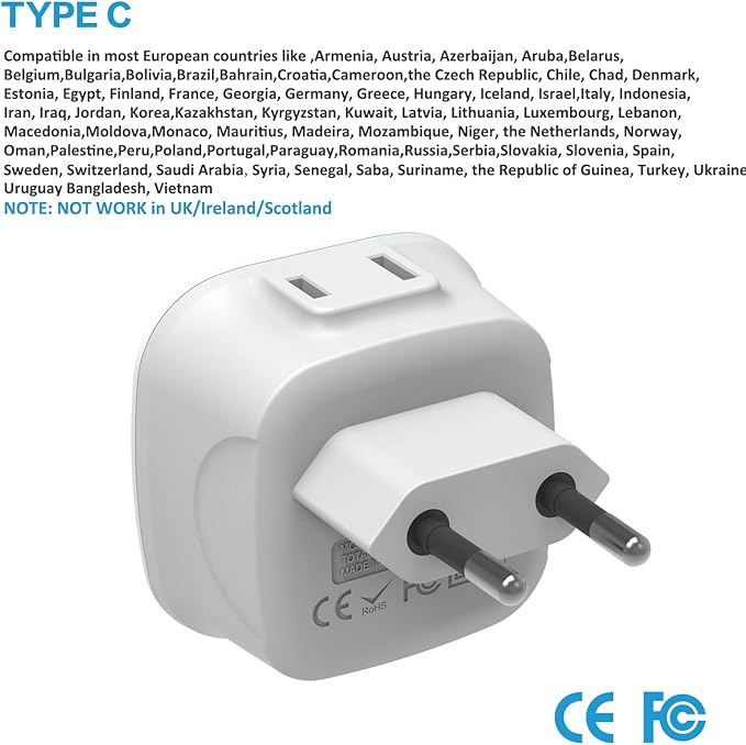 3 Pack European Travel Plug Adapter, VINTAR International Power Plug Adapter with 2 American Outlets 2 in 1 Travel Essentials to France, Germany, Greece, Italy, Israel, Spain (Type C)