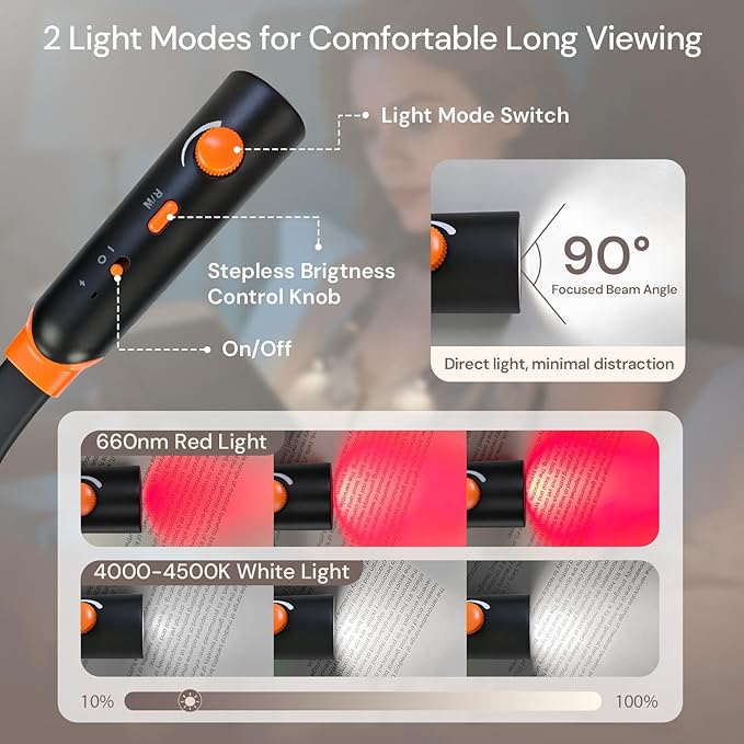 Neck Reading Light, Rechargeable Book Light for Reading at Night, 660nm Red Light & White Modes, Flexible 360° Bendable, Lightweight for Reading, Travel, Eye Care, Better Sleep & Recovery