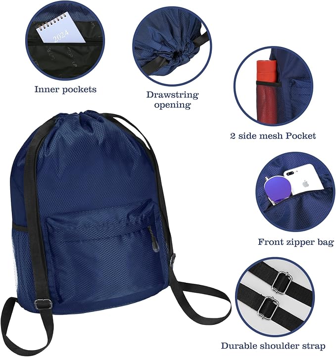 Waterproof Drawstring Bag, Lightweight String Backpack with Water Bottle Holder and Pockets, Gym Sports Cinch Sackpack (Blue)