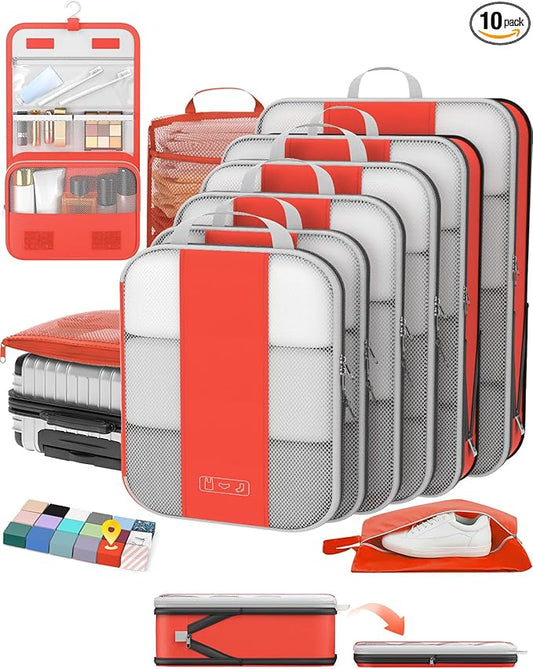 10 Set Compression Packing Cubes for Travel Essentials,Compressible Expandable Packing Cubes for Suitcase,OlarHike Luggage Garment Bags for Travel,Handy Helper for Organizing Clothes(Orange)