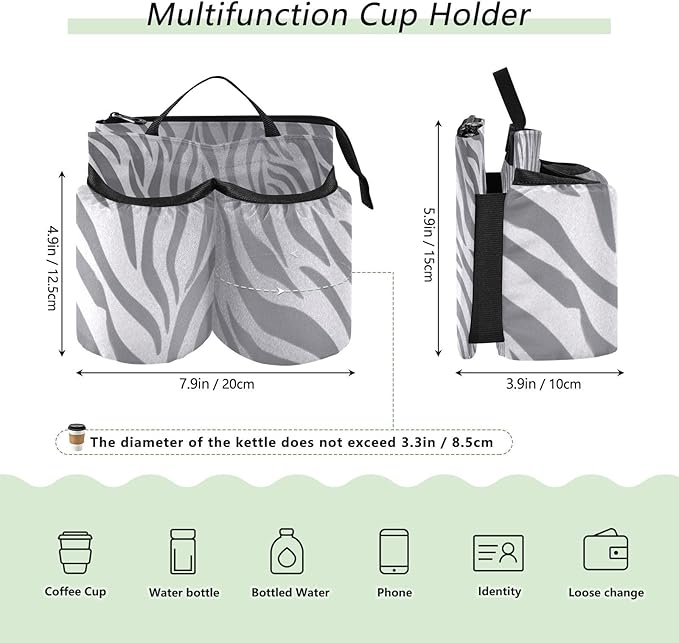 Luggage Cup Holder for Suitcases Free Hands Suitcase Cup Holder Travel Luggage Drink Holder Portable Luggage Cup Caddy Bag Carrier with Handle Light Silvery Zebra Print