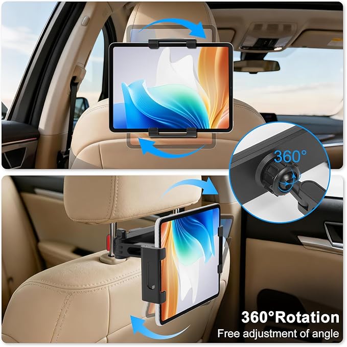 Tablet Holder for Car Headrest, Adjustable 360° Rotating Car Tablet Mount, Car Back Seat Stand for iPad, Road Trip Essentials for Kids, Compatible with 5.2-10.3" iPad Pro, Air, Mini, Galaxy