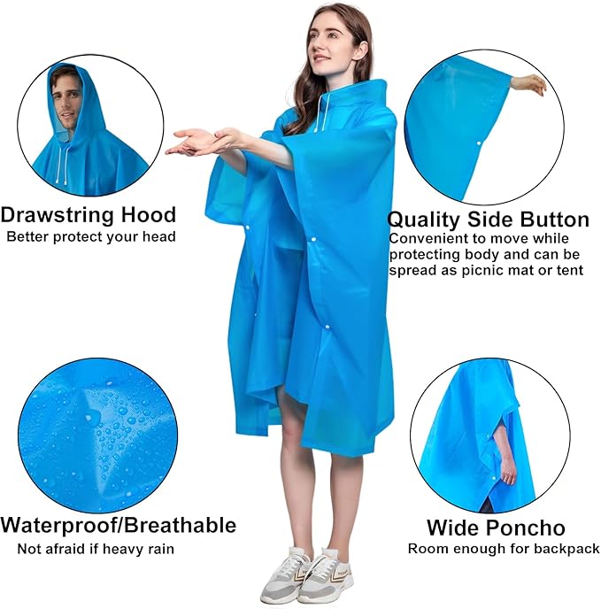 Rain Ponchos for Adults, 2 Pack Raincoats Jacket Reusbale with Drawstring Hood Sleeves for Women Men