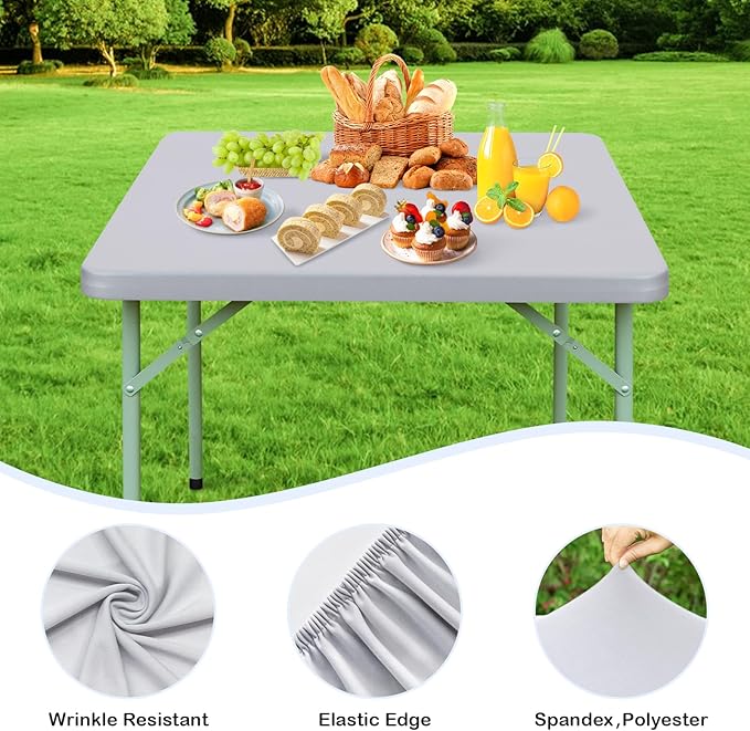 Wolkemer 2 Pack Silver Fitted Tablecloth 34x34 Inch Square Elastic Edges Table Cloth, Spandex Stretch Table Cover with Machine Washable Fabric for Wedding Party Picnic Dining Indoor Outdoor