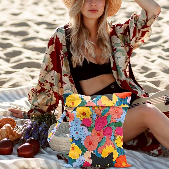 Black Cat Wet Dry Bags Reusable Waterproof Wet Bags Floral Swimsuit Bag Diaper Pouch for Travel Swimsuits Diapers Towels Beach Gym Cat Gifts for Women Friend Travelers 10 x 13 Inches