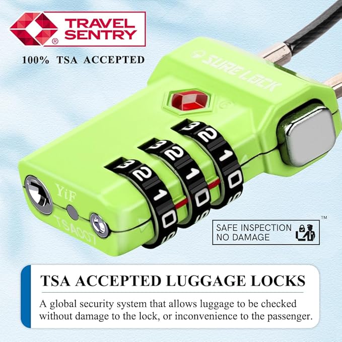 SURE LOCK TSA Approved Luggage Locks with Open Alert Indicator, 3 Digit Combination Cable Travel Lock for Suitcase, Backpack, Gym Locker, Toolbox, Carry On & Travel Bag