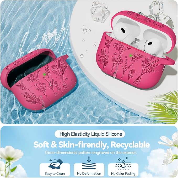 for AirPods Pro 2 Case, Ekoonpft Silicone AirPod Pro Cases with 3-in-1 Cleaning Kit & Keychain, Flower Engraved Cover for Apple AirPods Pro 2nd/1st Generation, Shockproof & Anti-Scratch
