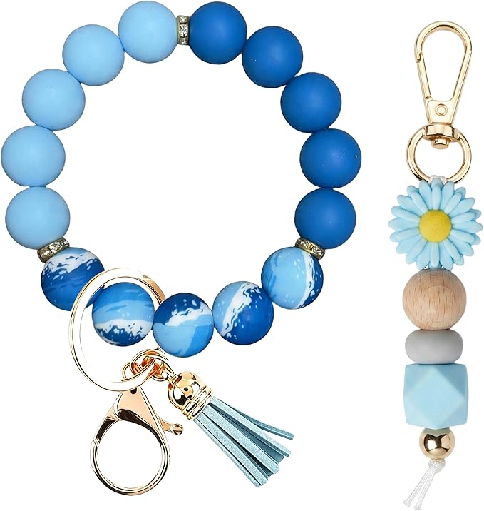 2PCS Bracelet Key Ring Set, Cute Car Key chain Wristlet, Silicone Beaded Bangle keyChains for Women Girls