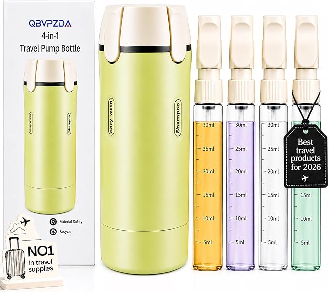4 in 1 Travel Dispenser Bottle Flying Essentials Camping Toiletries Pump Leak Proof Size Portable Containers Refillable for Shampoo Lotion Creams Body Wash Conditioner Attached Label (Green)