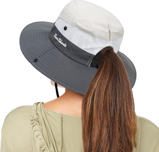 Sun Hat for Women Summer UV Protection Beach Hat Wide Brim Mesh Bucket Fishing Hat with Ponytail Hole Foldable Packable Hat