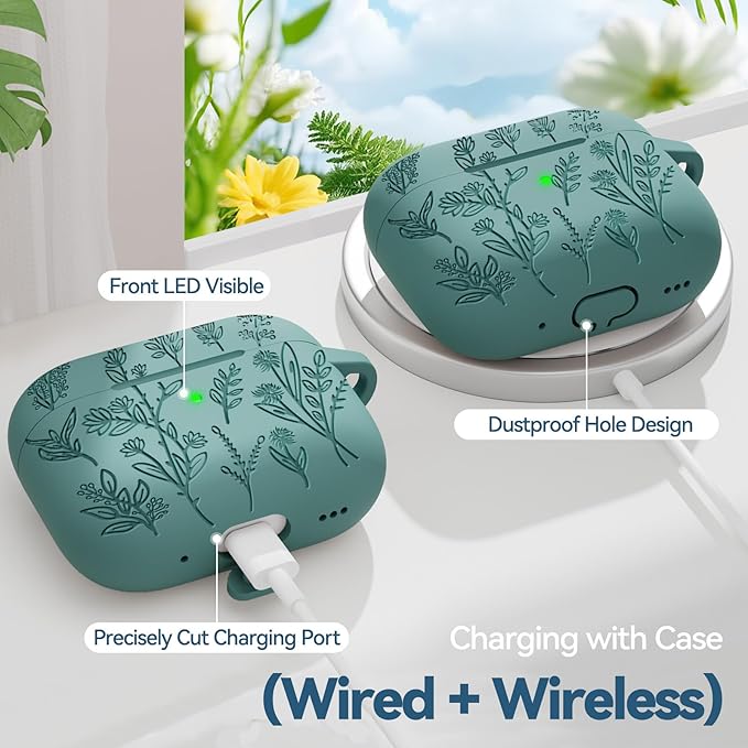 for AirPods Pro 2 Case with Magnetic Lid, Ekoonpft Flower Engraved Silicone Case for Apple AirPods Pro 2nd/1st Generation (2023/2022/2019) Cover with Cleaning Kit & Keychain