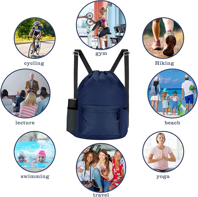 Waterproof Drawstring Bag, Lightweight String Backpack with Water Bottle Holder and Pockets, Gym Sports Cinch Sackpack (Blue)