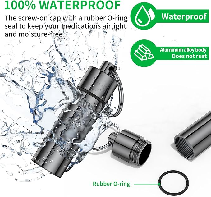 Small Pill Box,(2 Pack+2*Carabiner Clips) Keychain Pill Holder Portable Mini Travel Pill Container Metal Case Bottle with Keyring