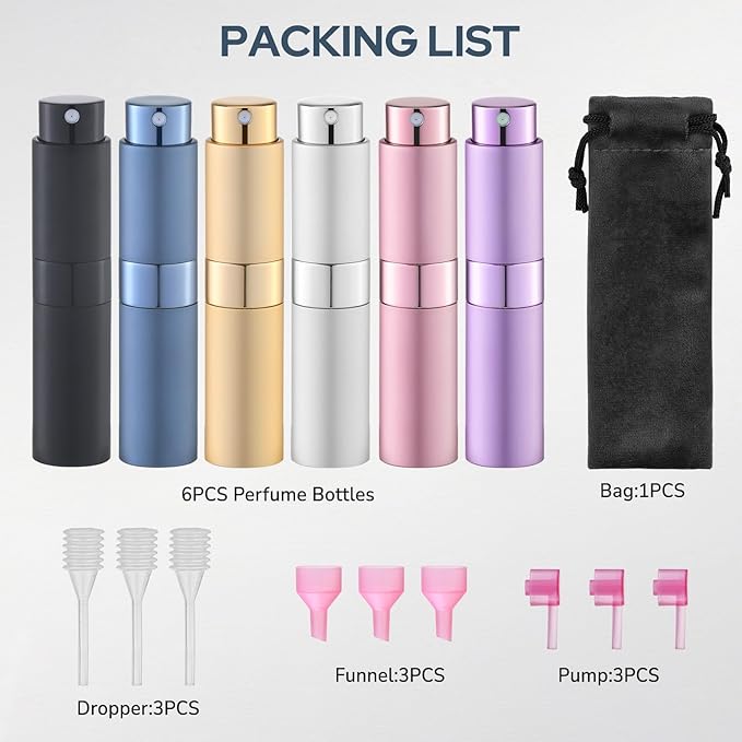 Lulupack Travel Perfume Bottle Refillable - Cologne Spray Atomizer Mini - Small Travel Size Empty Sprayer for Refill Sample Container - Portable Fragrance Decant Dispenser for Women Men 8ml 6PCS Gold