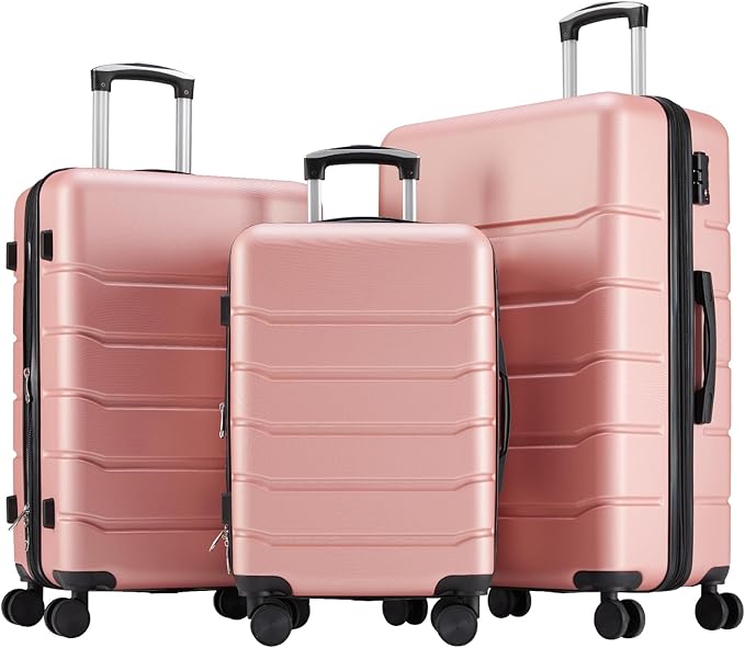 Sweetcrispy 3 Piece Expandable Luggage Set, ABS Hard Shell Rolling Suitcases with Smooth Spinner Wheels and TSA Lock, Lightweight Travel Luggage for Trip, 20/24/28 Inch, Pale Pink