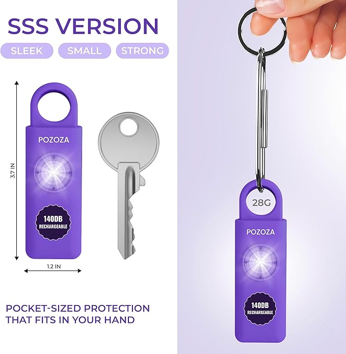 140dB Loudest USB-C Rechargeable Personal Alarm Keychain for Women – Low Battery Indicator, Strobe Light & Panic Button for Self Defense Weapons, Seniors & Travel Safety Essentials (Violet)
