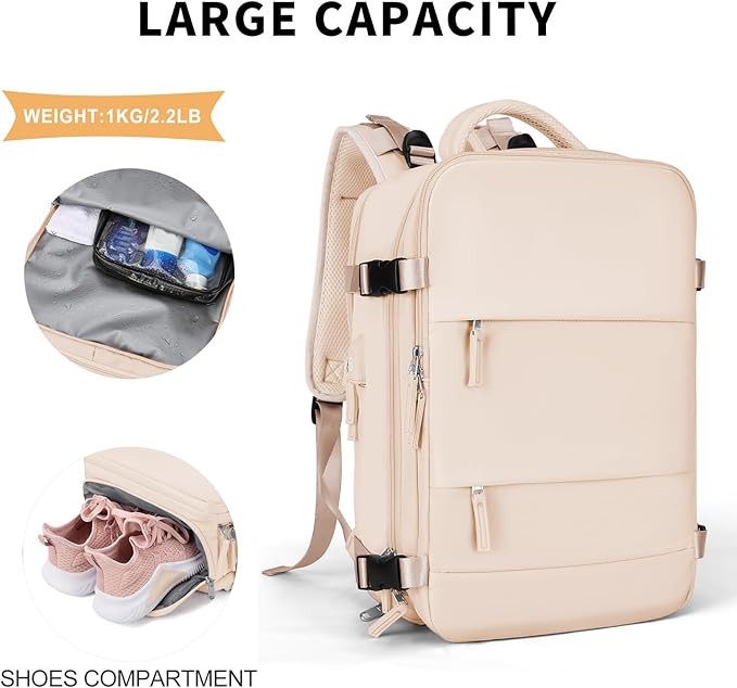 coowoz Travel Backpack For Women Men,Carry On Backpack,Hiking Backpack Waterproof Outdoor Sports Rucksack Casual Daypack Travel Essentials（Beige）