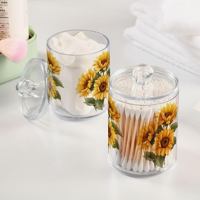 Gredecor Qtip Holder Dispenser 2 Pack Yellow Watercolor Sunflowers Bathroom Decorative Storage Canister Holder Counter Vanity Organizer for Cotton Ball Swabs Pads Floss