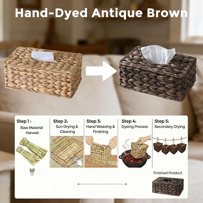 Rectangle Wicker Tissue Box Cover Fits 120-Count (3-Ply) / 160-Count (2-Ply) Boxes, Natural Rattan Woven Facial Tissue Holder, Decorative Tissue Box Holder for Bathroom, Brown