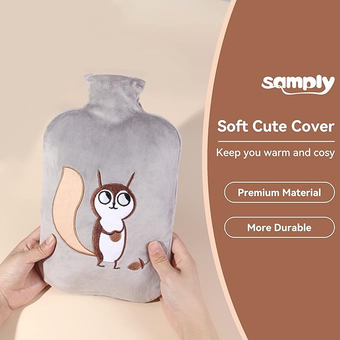 samply Hot Water Bottle with Cute Fleece Cover, 2L Hot Water Bag for Hot and Cold Compress, Hand Feet Warmer, Neck and Shoulder Pain Relief, Gray Squirrel
