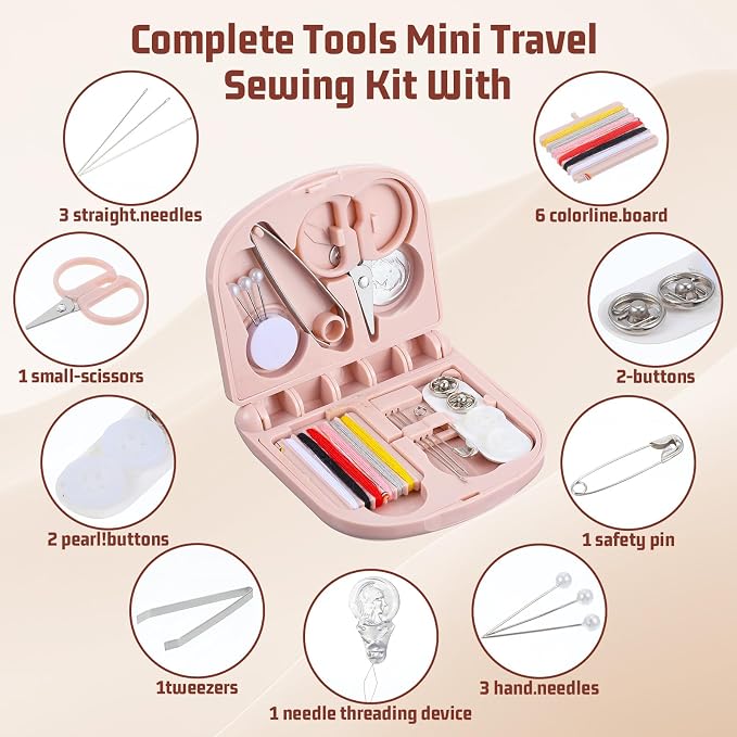 Matwsec 2 Pack Mini Sewing Kit, Portable Emergency Sewing Repair Kit for Travel, PP & Stainless Steel Compact Sewing Supplies with Threads Needles Scissors Threader Pink & Blue, 2.76×2.60in