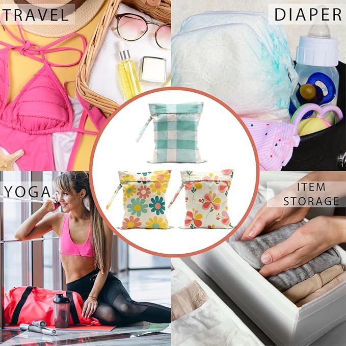 Floral Gingham Print Wet Dry Bag, Reusable Washable Waterproof Wet Bag for Swimsuit Diaper Dirty Clothes, Set of 3, Portable Storage Pouch for Travel Beach Pool Gym Camping, Cute Flower Lover Gifts