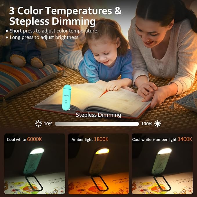 Akomid USB Rechargeable Book Light for Reading in Bed, 8 LEDs Bookmark Style Clip on, Eye-Cared Amber Light Mode for Kids, Blue Light Blocking, Stepless Dimming, Lake Blue