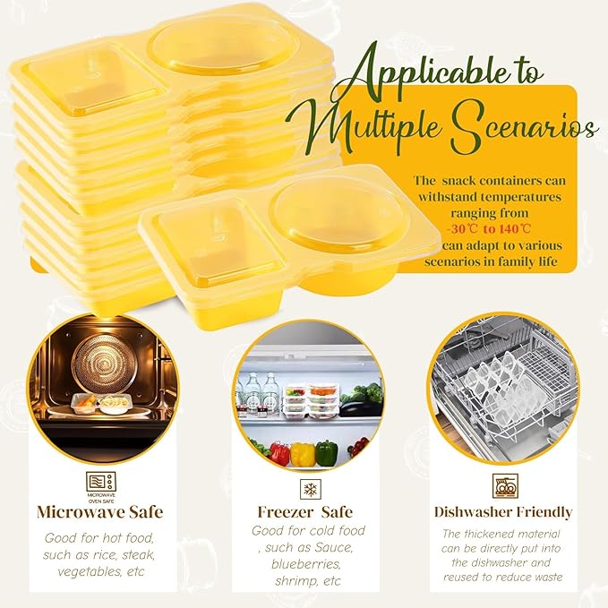 Snack Containers - Reusable 2 Compartment Condiment Containers with Lids for Take Out Sauce, Portion Control, Candies, Cookies (YELLOW)