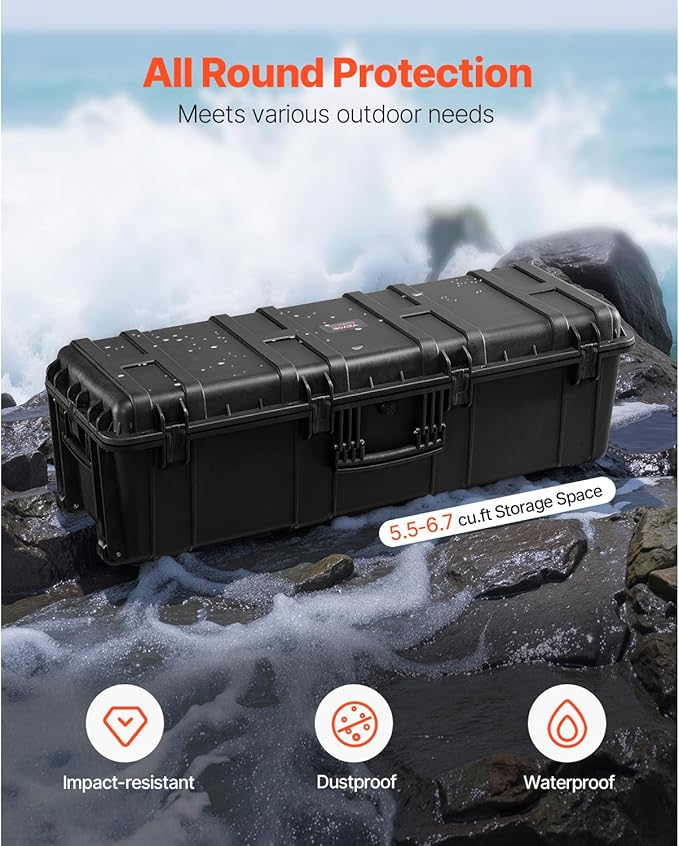 VEVOR Weatherproof Hard Case, Heavy Duty Protective Dry Box Case with Pre-Cut Foam Retractable Pull Handles for Travel, Hunt, Military, Tactical, IP67 Waterproof, for Cameras(44.09 * 15.94 * 13.46)