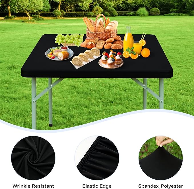 Wolkemer 2 Pack 3 Foot Black Fitted Tablecloth 36x36 Inch Square Elastic Edges Table Cloth, Spandex Stretch Table Cover with Machine Washable Fabric for Wedding Party Picnic Dining Indoor Outdoor