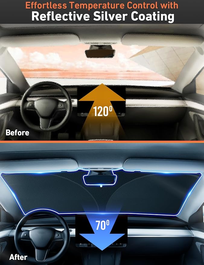 EcoNour Windshield Sun Shade Compatible for Tesla Model 3 & Model Y Juniper 2017-2024 2025 2026, Sun Visor for EV Front Window Sunshade, Foldable Heat & UV Protector, Car Accessories