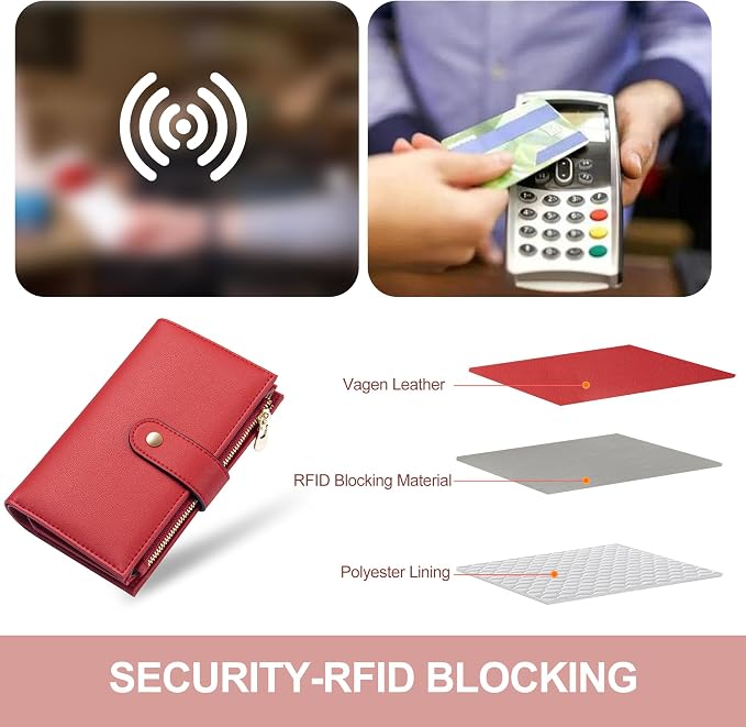 yiijay Womens Wallet RFID Blocking Leather Trifold Clutch Wallet Credit Card Holder Ladies Travel Wallet Purse with Pen Holder