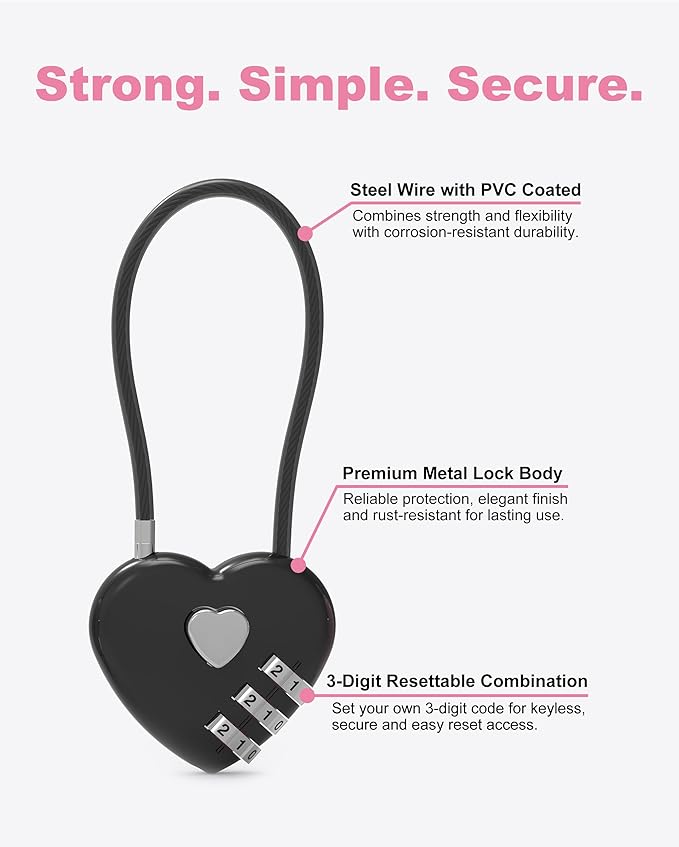3 Digit Combination Lock, Combo Cable Lock with Code, Small Padlock Combination, for Luggage, Suitcase, Gym Locker, Backpack Bag Zipper, Cabinet, Mailbox, Fence, Travel Safe Outdoor Use