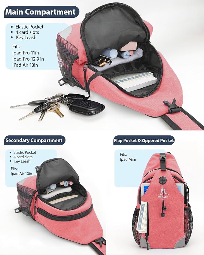 Sling Backpack for Women & Men, Crossbody Travel Bag with Water Bottle Holders, 17 Pockets, Quick-Access Phone Pocket, Hidden Security Pocket, Fits 11" Tablet, for Daily Carry, Travel, Theme Parks