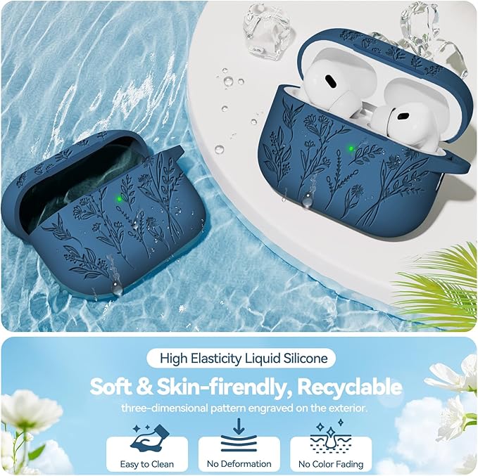 for AirPods Pro 2 Case, Ekoonpft Silicone AirPod Pro Cases with 3-in-1 Cleaning Kit & Keychain, Flower Engraved Cover for Apple AirPods Pro 2nd/1st Generation, Shockproof & Anti-Scratch