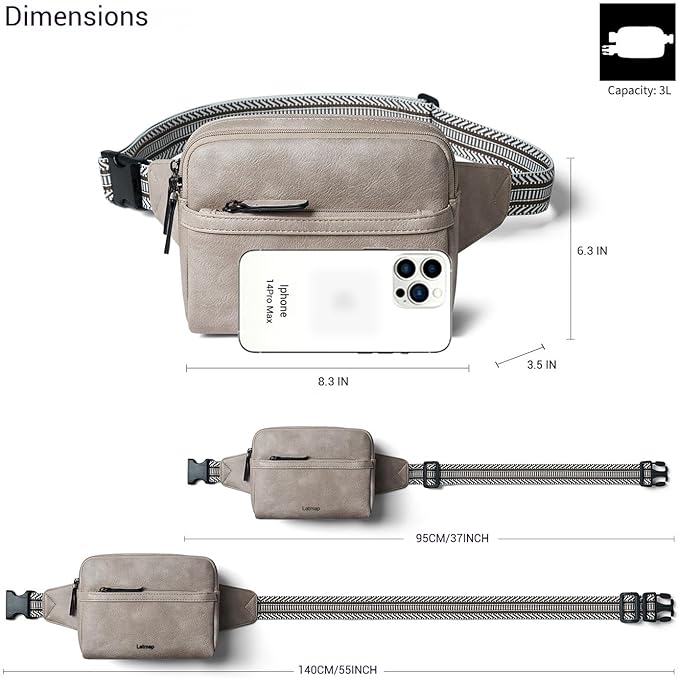 LATMAP 3L Fanny Packs Belt Bag for Women Small Everywhere Crossbody Bag Waist Packs Faux Leather Sling Chest Travel Purse
